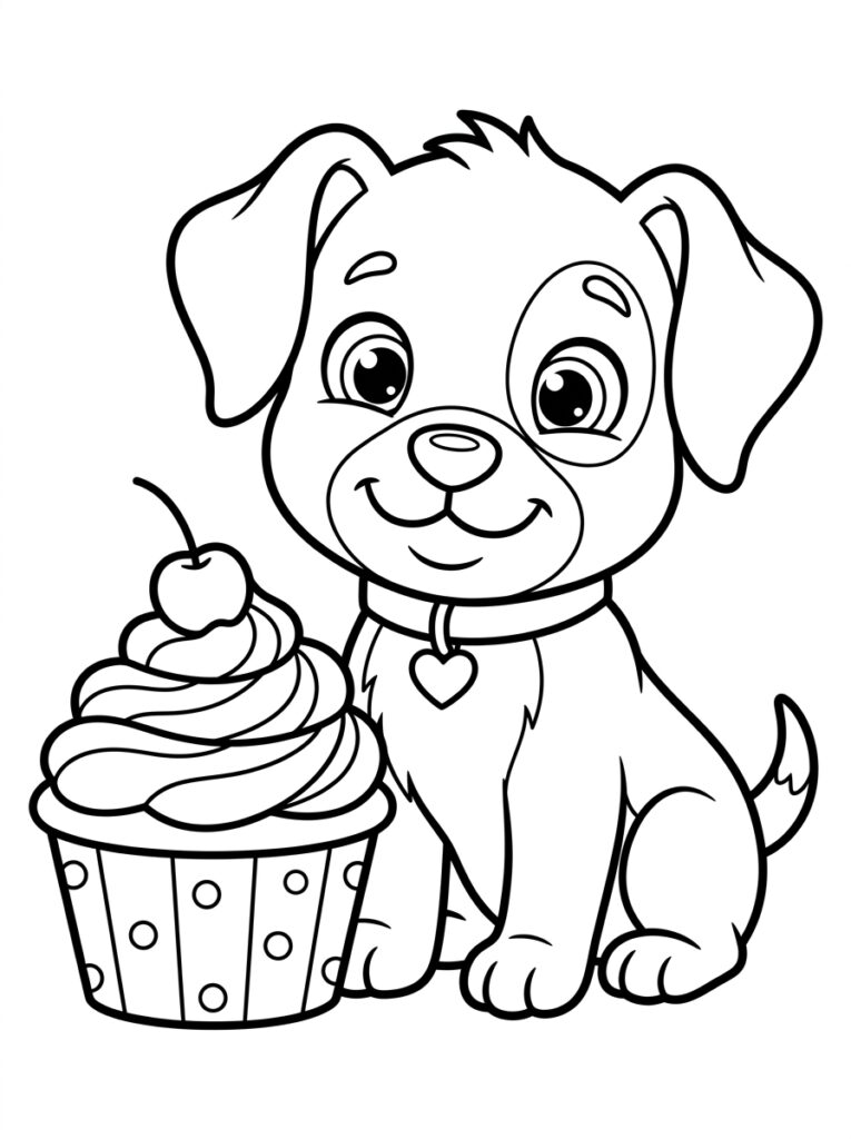 Puppy zit naast cupcake met kers