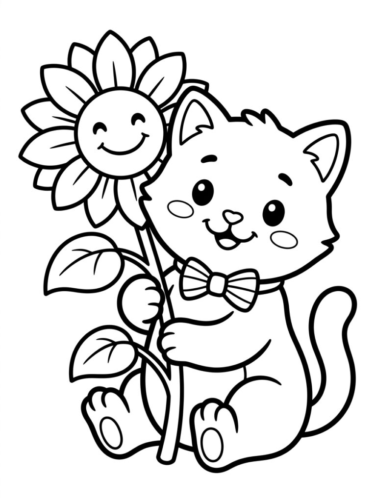 Kat met strik houdt zonnebloem vast