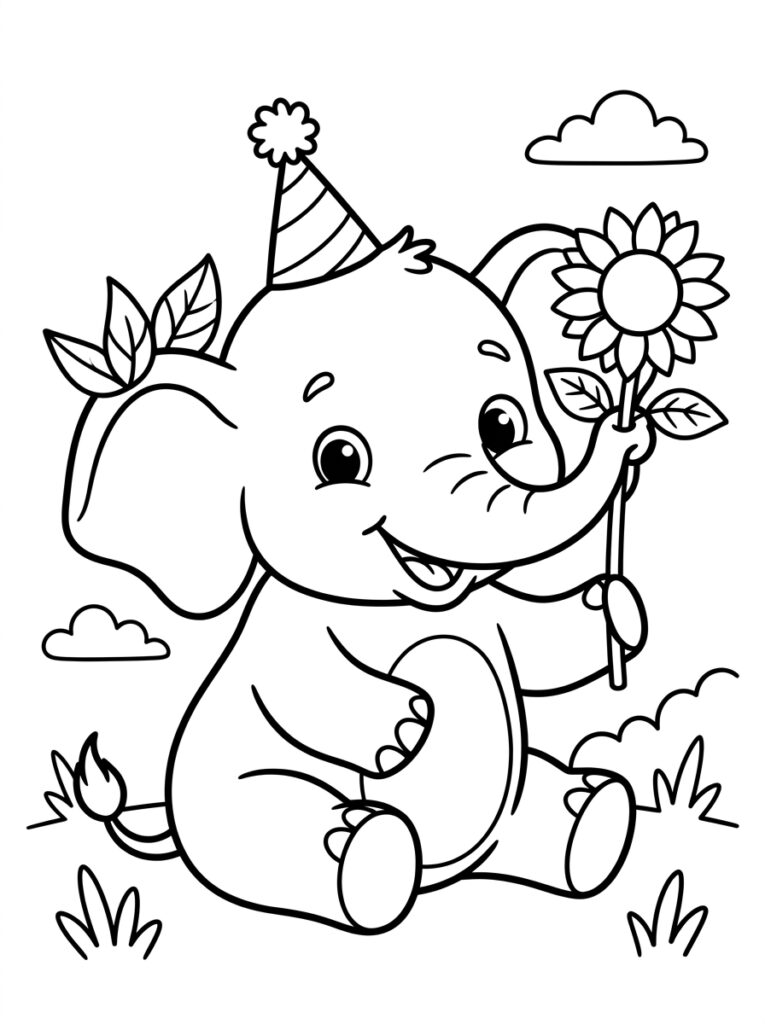 Olifant met feesthoed houdt zonnebloem vast