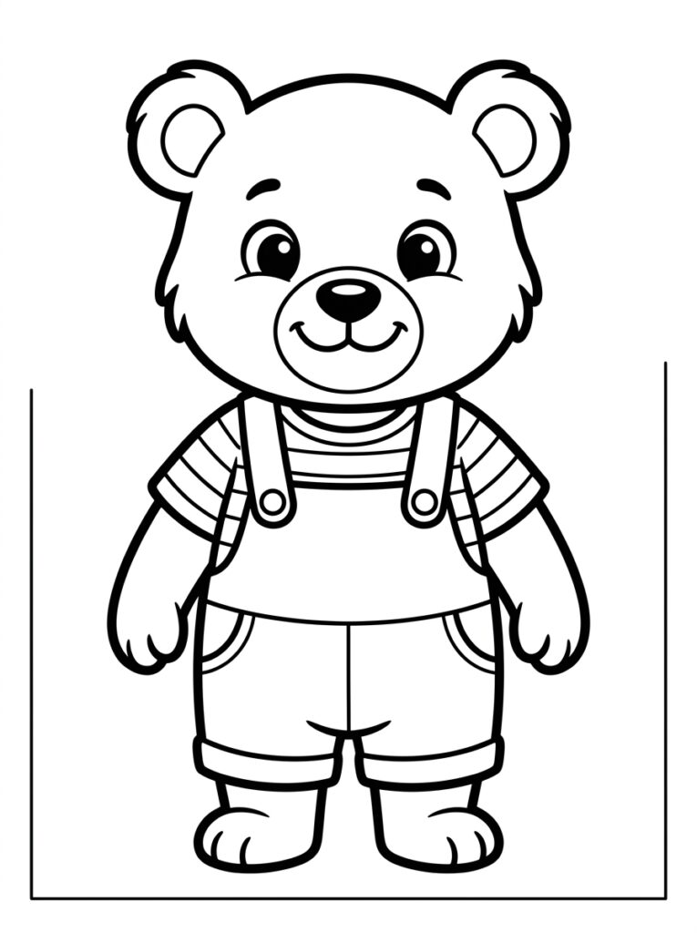Lachende teddybeer in overall en gestreept shirt