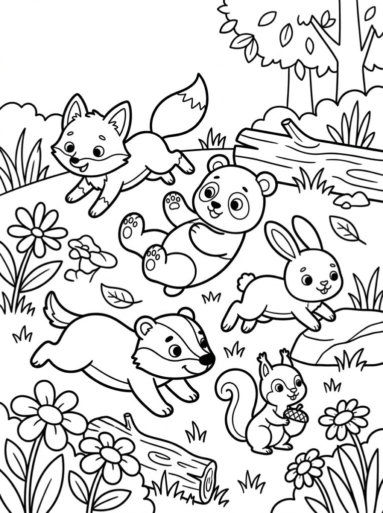 Vos panda konijn das en eekhoorn met bloemen