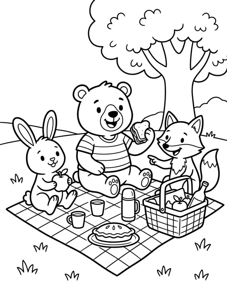 Beer konijn vos met picknickmand onder boom
