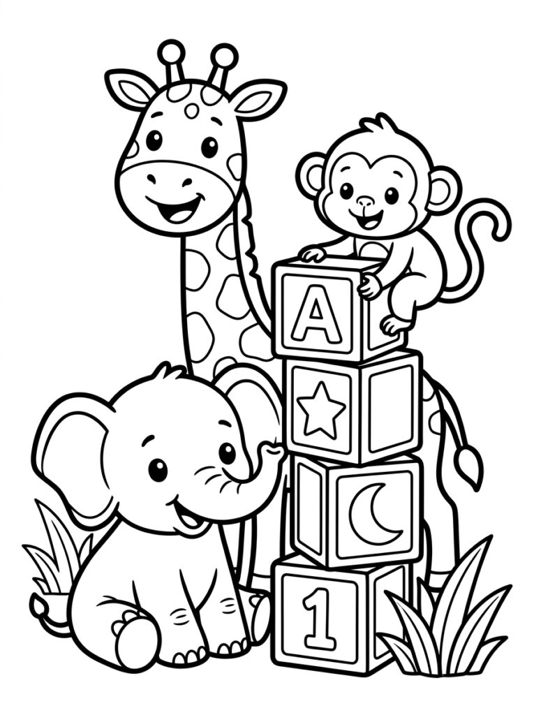 Giraffe aap olifant bij stapel letterblokken