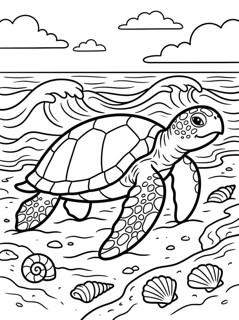 Kleurplaat van een zeeschildpad kruipend over zand met golven, wolken en schelpen