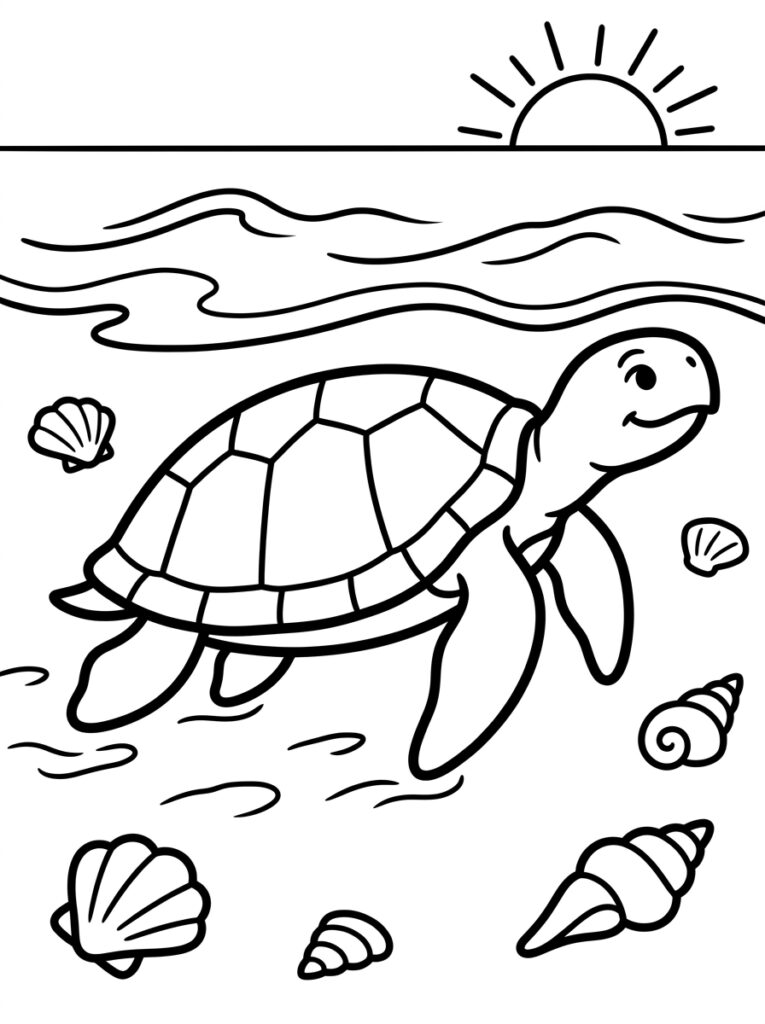 Kleurplaat van een schildpad zwemmend in water met een zon, golven en schelpen