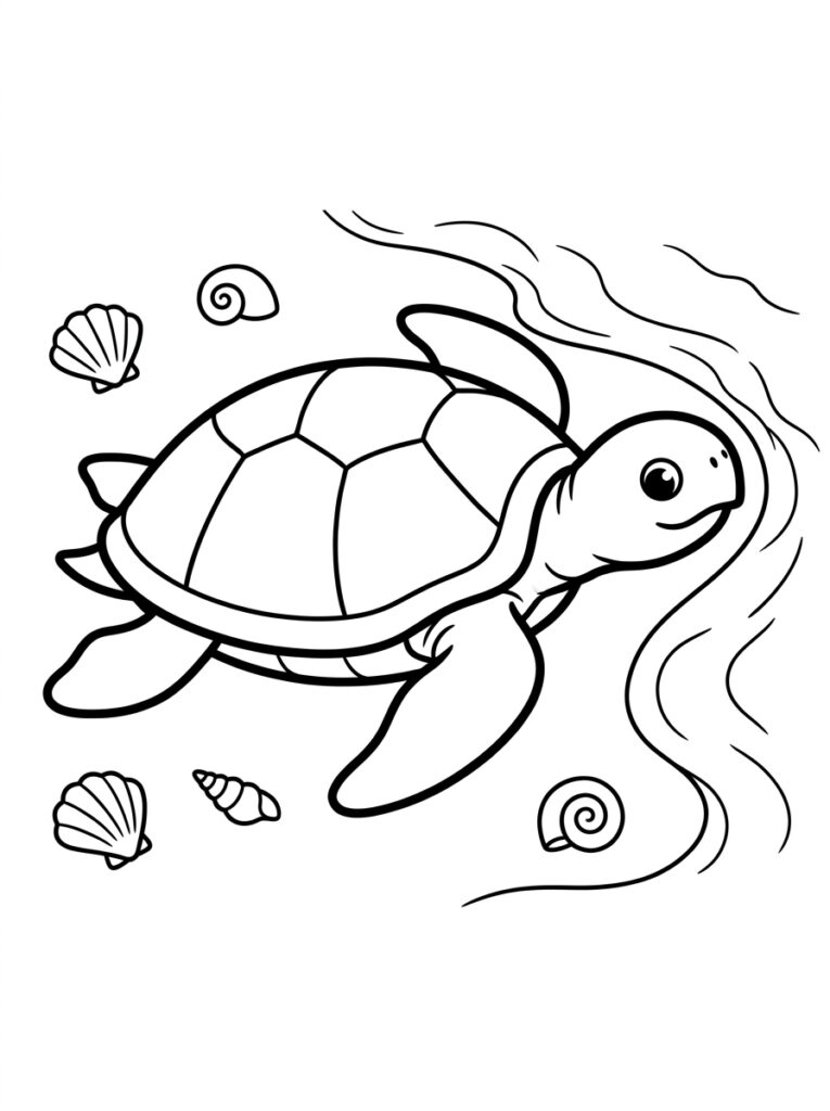 Kleurplaat van een schildpad zwemmend met waterlijnen, schelpen en krullen