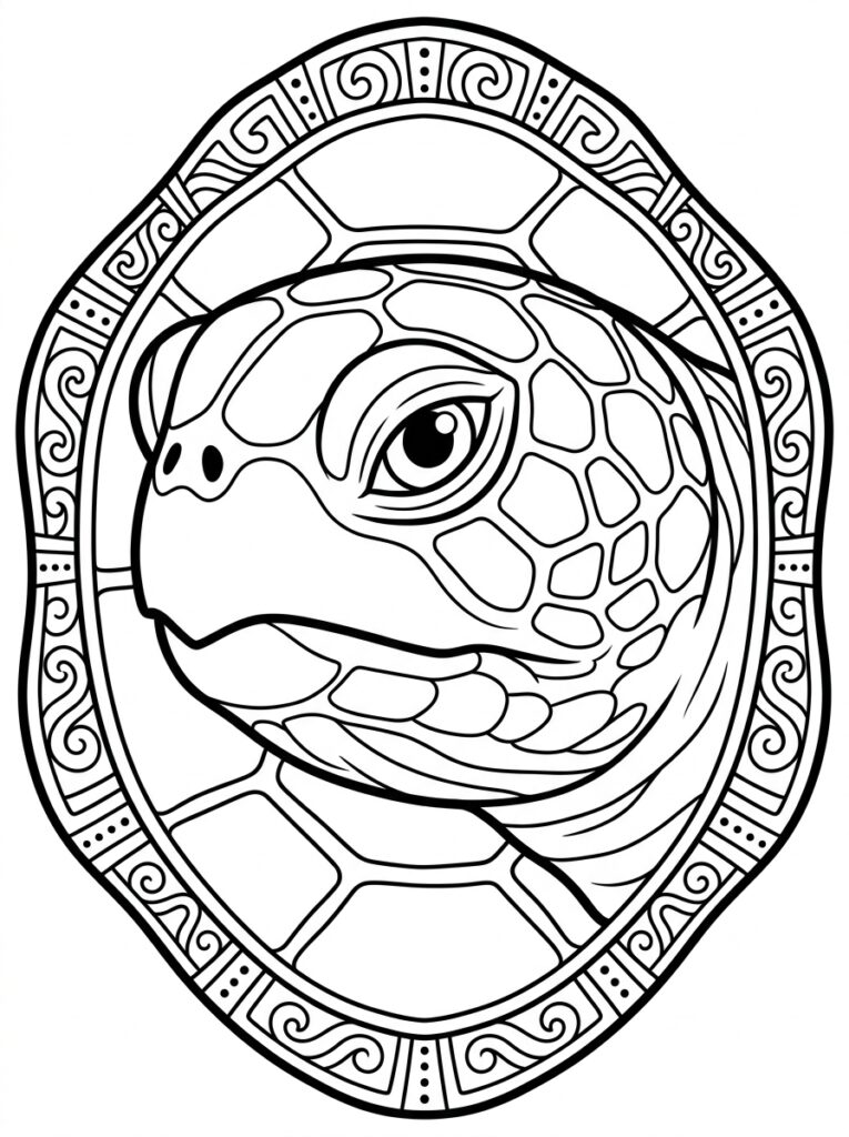 Kleurplaat van een schildpadkop met schubben in een ovale decoratieve rand met krullen en stippen