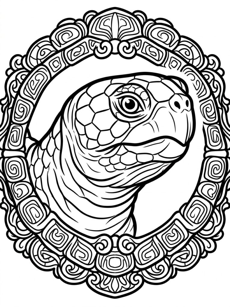 Kleurplaat van een schildpadkop met schubben in een ronde ornamentele omlijsting met krullen en bloemen