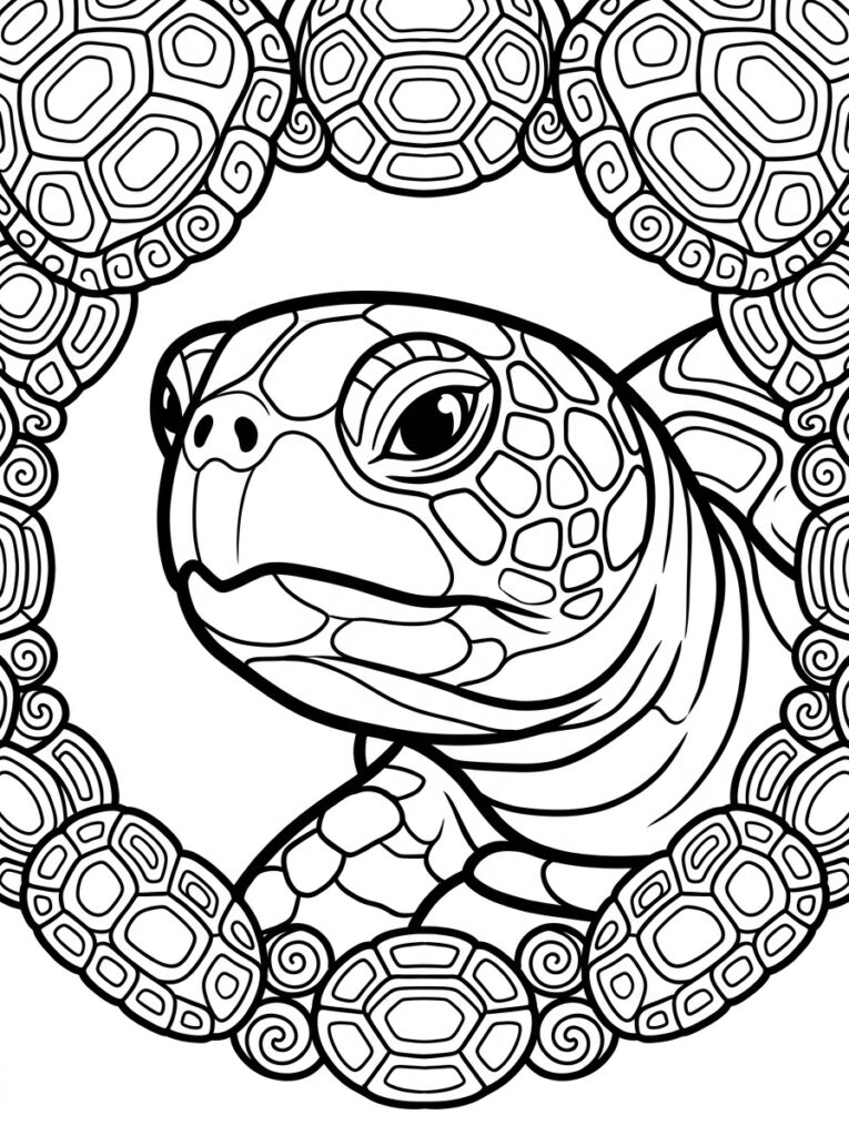 Kleurplaat van een schildpadkop omringd door herhaalde schild- en krulpatronen