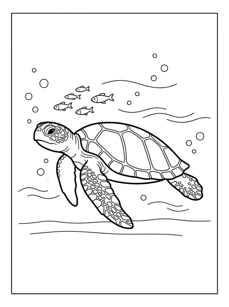 Kleurplaat van een schildpad zwemmend met vissen, bubbels en waterlijnen