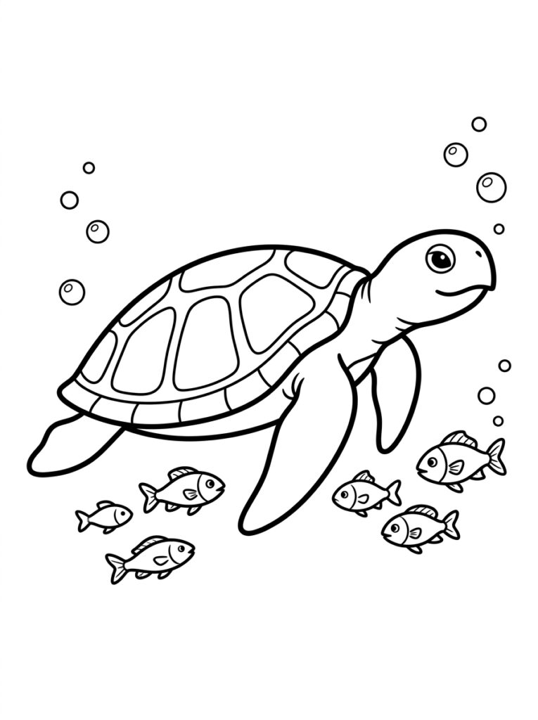 Kleurplaat van een schildpad zwemmend met meerdere vissen en luchtbellen