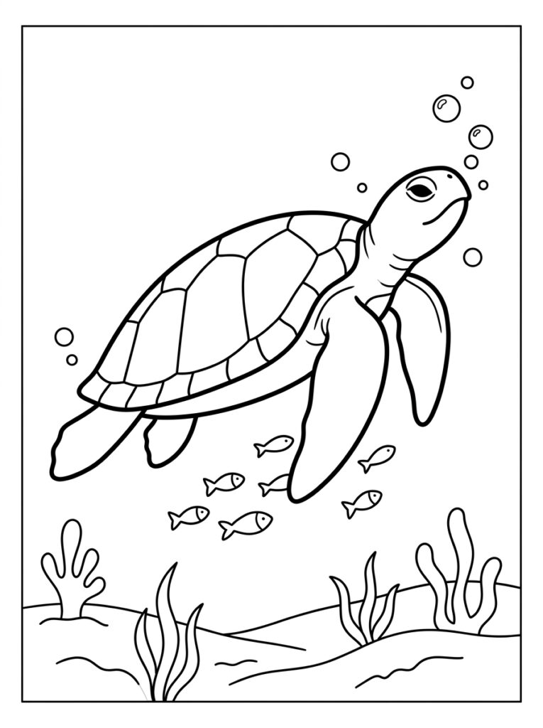 Kleurplaat van een schildpad zwemmend boven zeewier en zand met vissen en bubbels