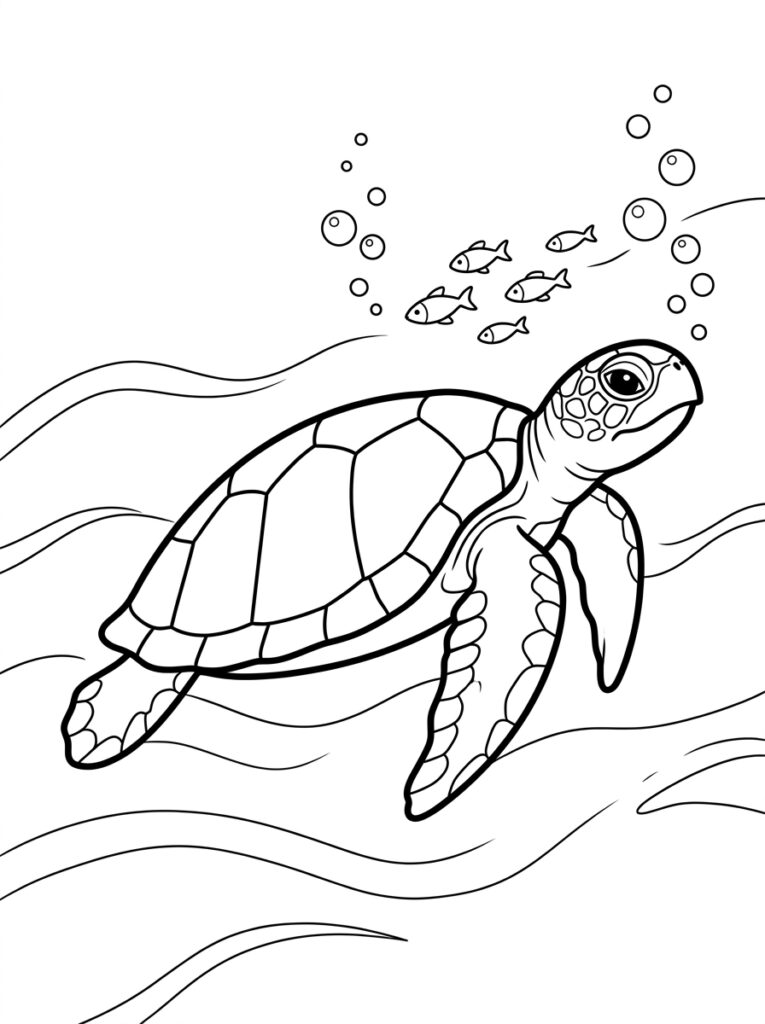 Kleurplaat van een zeeschildpad zwemmend in golven met vissen en bubbels