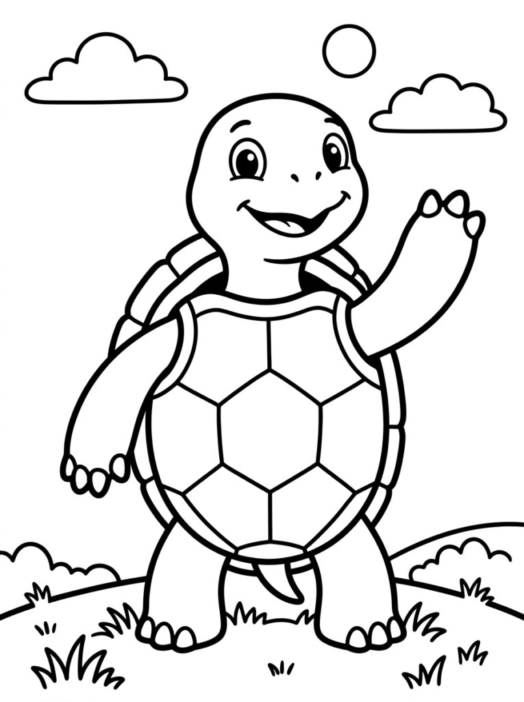 Kleurplaat van een glimlachende schildpad die zwaait op gras met zon en wolken