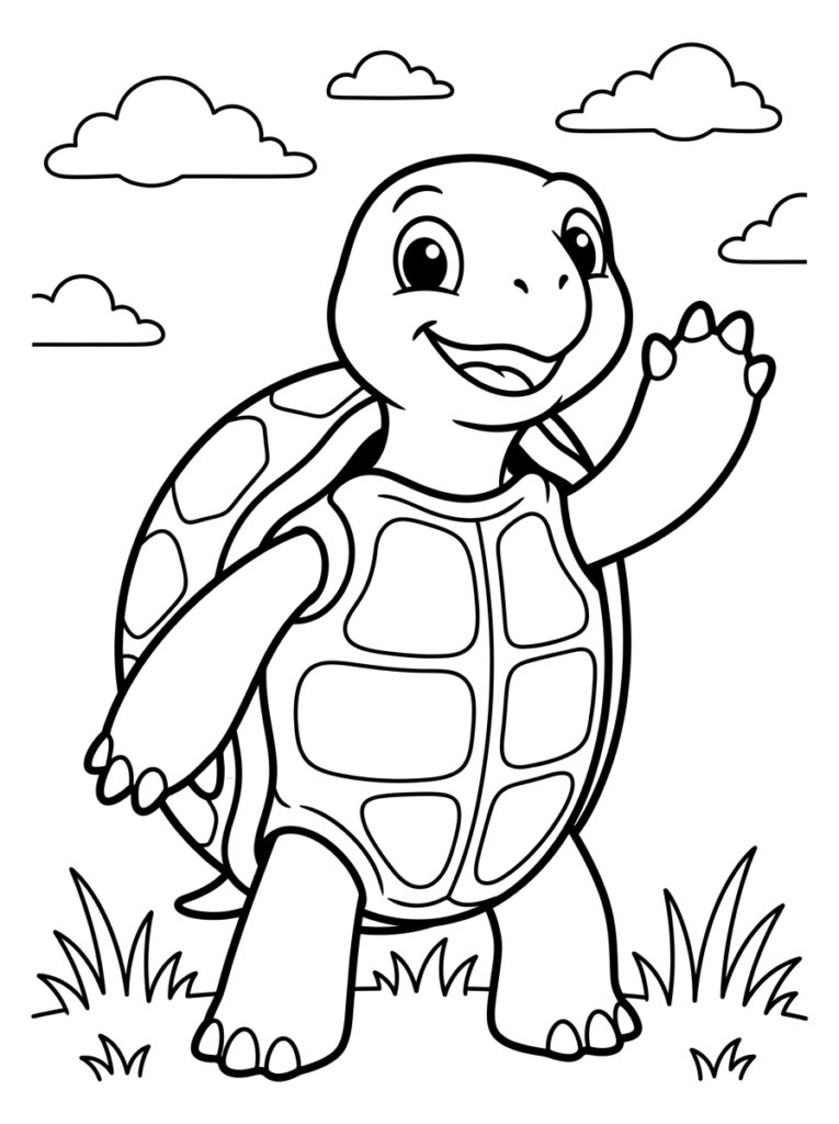 Kleurplaat van een glimlachende schildpad die zwaait op gras met wolken