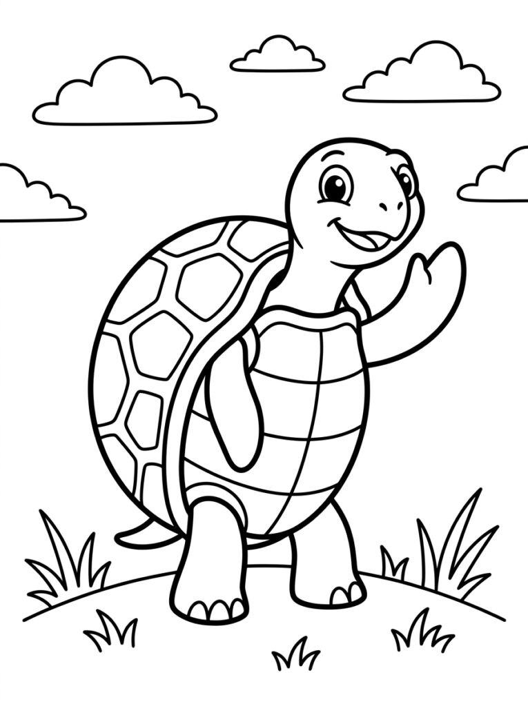 Kleurplaat van een glimlachende schildpad die zwaait op gras met wolken