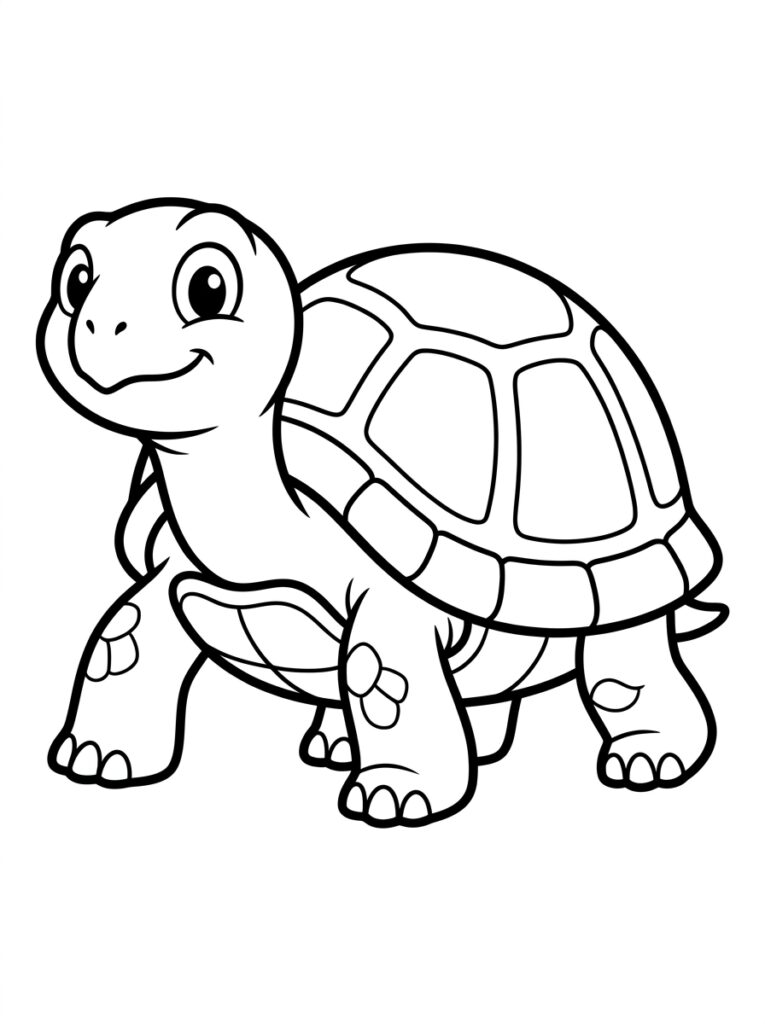 Kleurplaat van een glimlachende schildpad lopend naar links
