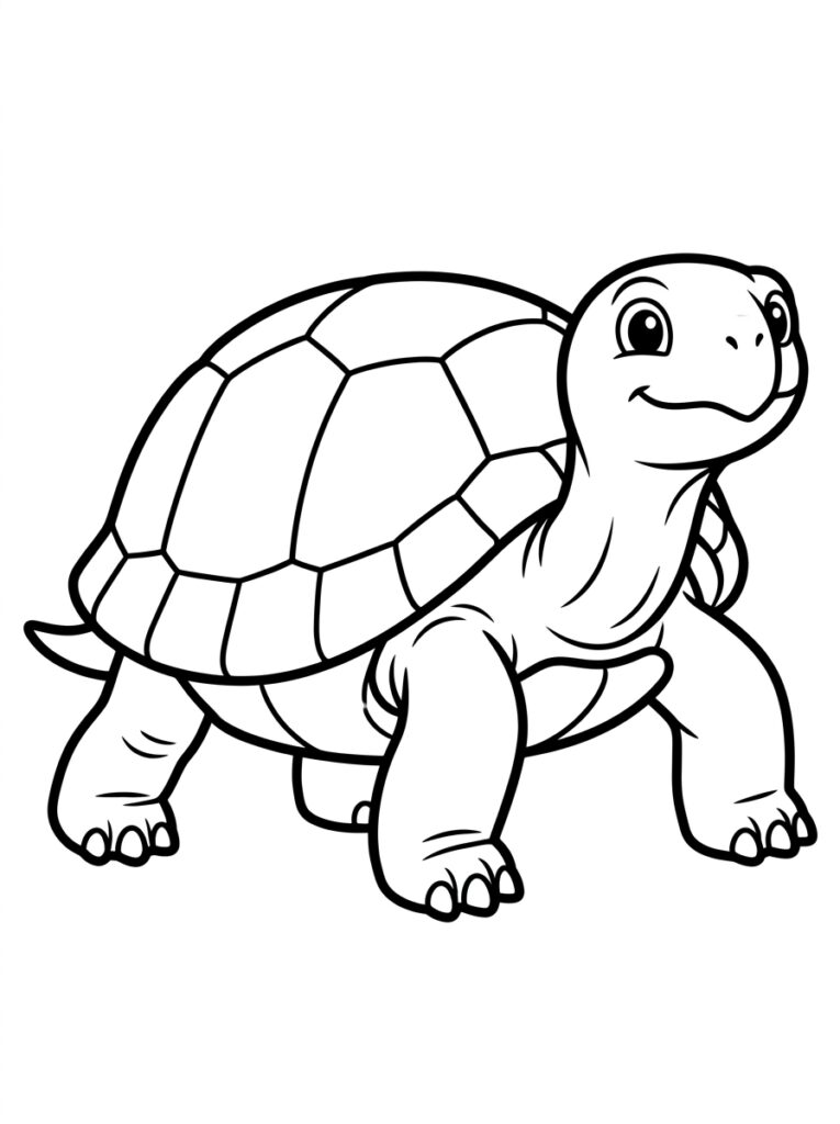 Kleurplaat van een glimlachende schildpad lopend naar rechts