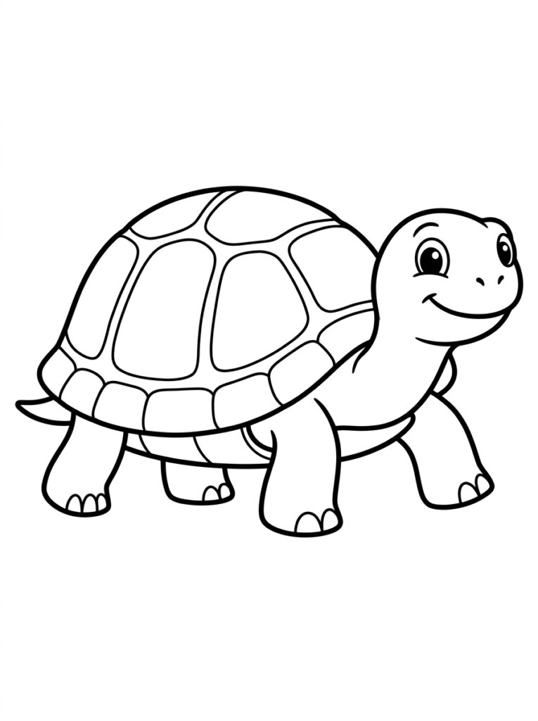 Kleurplaat van een glimlachende schildpad lopend naar rechts