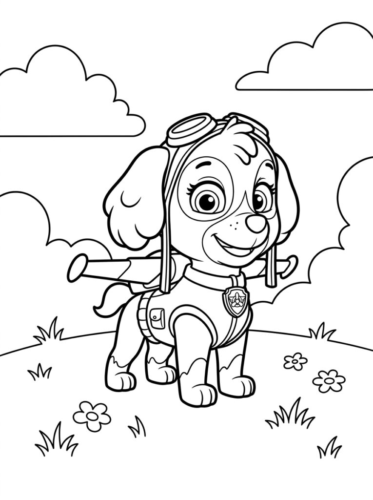 Skye staat lachend tussen bloemen en wolken