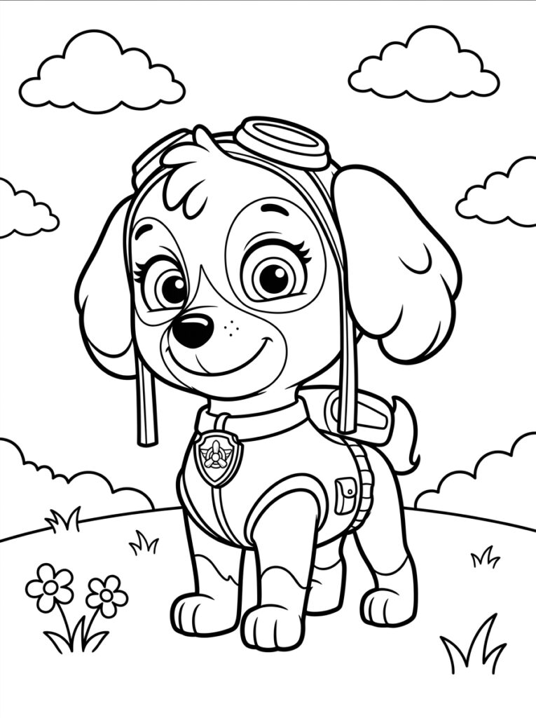 Skye met badge kijkt lachend naar de zijkant