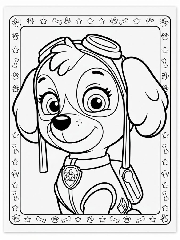 Skye met vliegbril en badge op borst