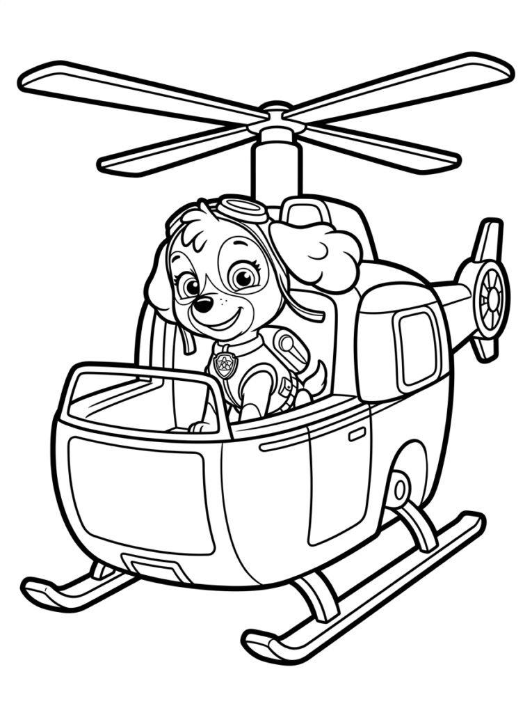 Skye zittend in cockpit van helikopter