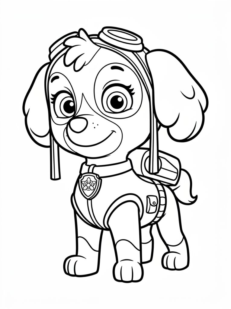 Skye staat lachend met vliegbril en badge