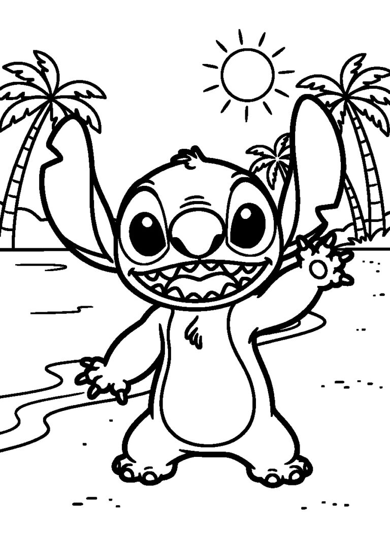 Kleurplaat van een vrolijke Stitch met grote oren die zwaait op een strand