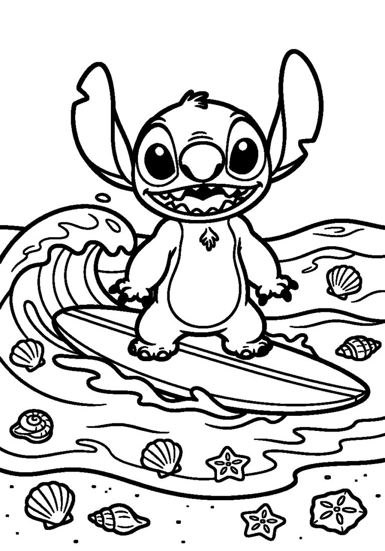 Kleurplaat van Stitch met een surfplank tussen golven en schelpen