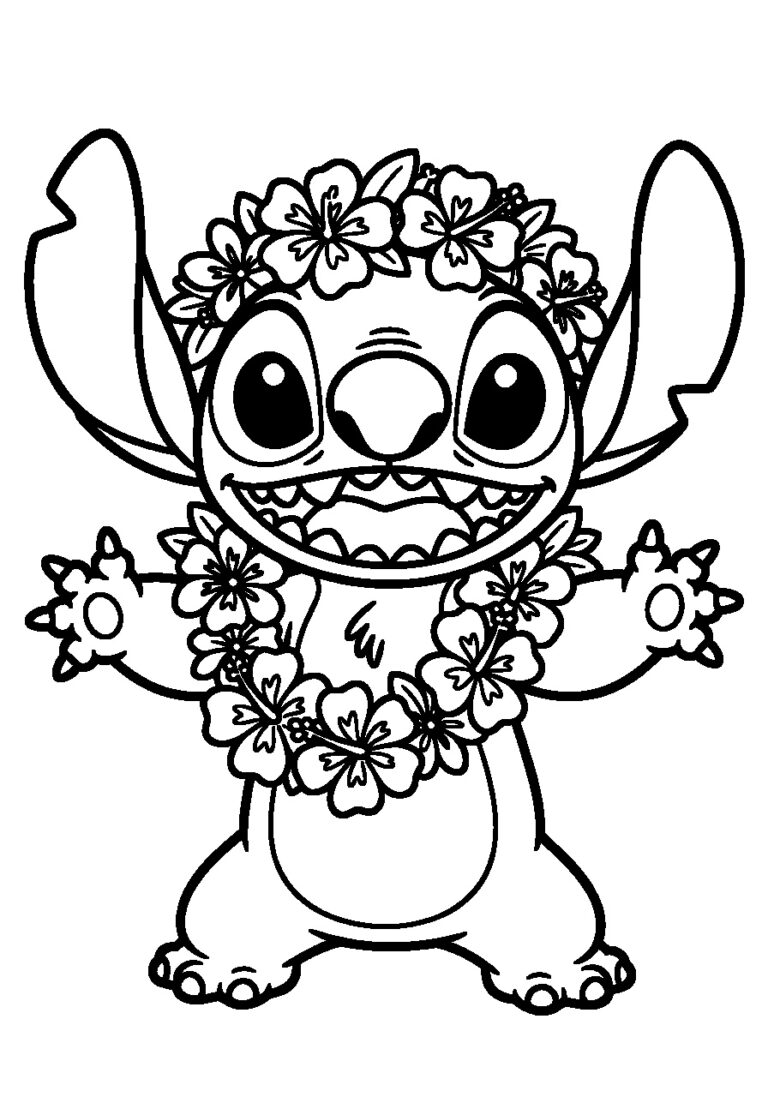 Kleurplaat van Stitch die een bloemkrans draagt en breed lacht