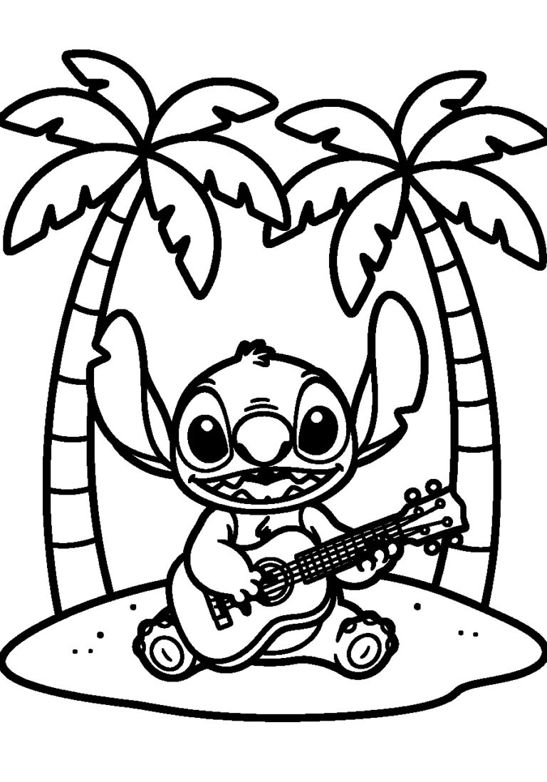 Kleurplaat van Stitch met een ukulele onder palmbomen