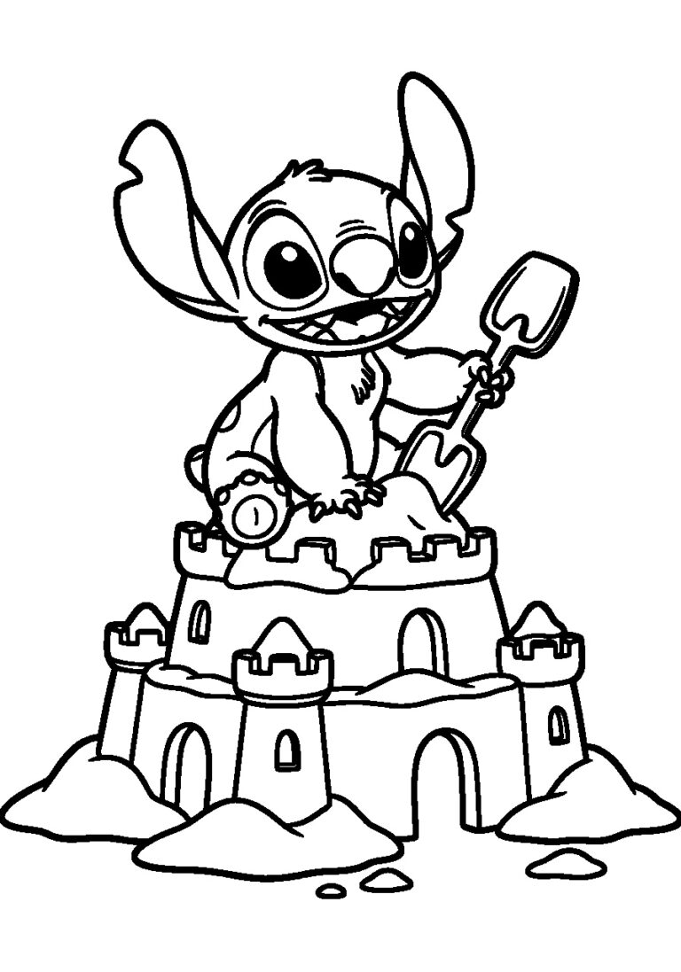 Kleurplaat van Stitch die op een zandkasteel zit met een schepje