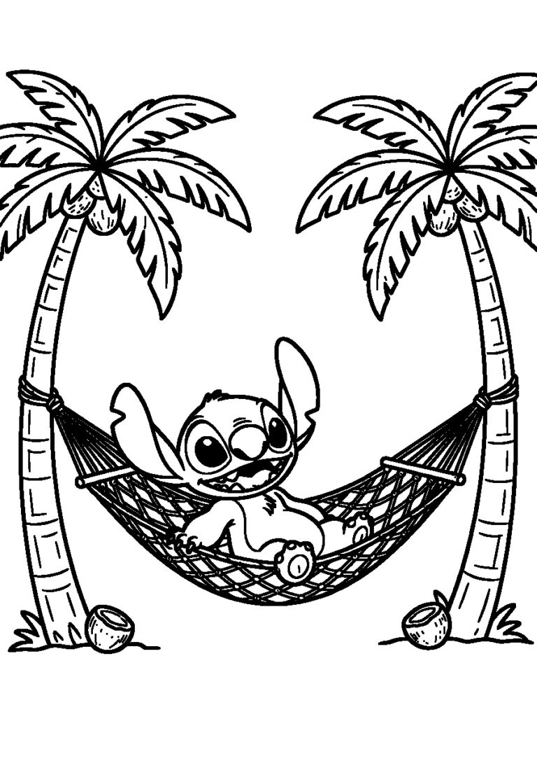 Kleurplaat van Stitch in een hangmat tussen twee palmbomen
