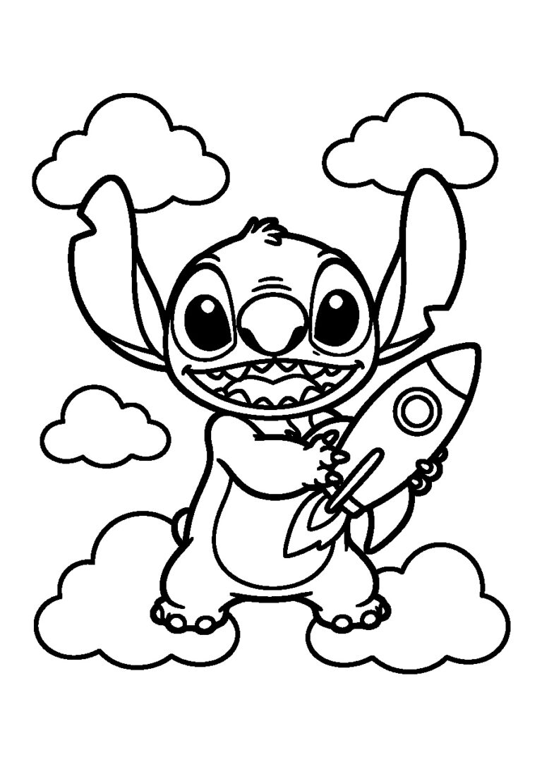 Kleurplaat van Stitch die een kleine raket vasthoudt naast wolken