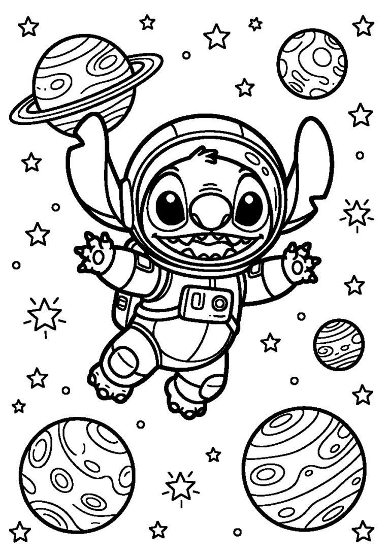 Kleurplaat van Stitch in een ruimtepak met planeten en sterren