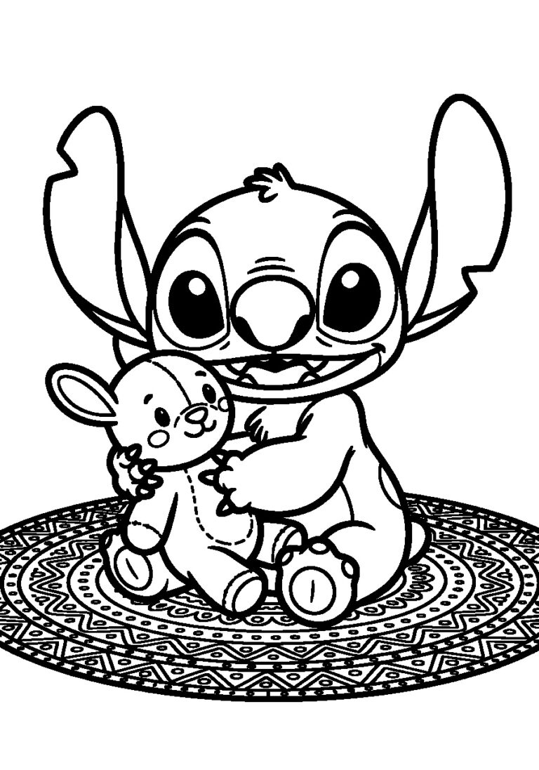Kleurplaat van Stitch die knuffelt met een popje op een kleed