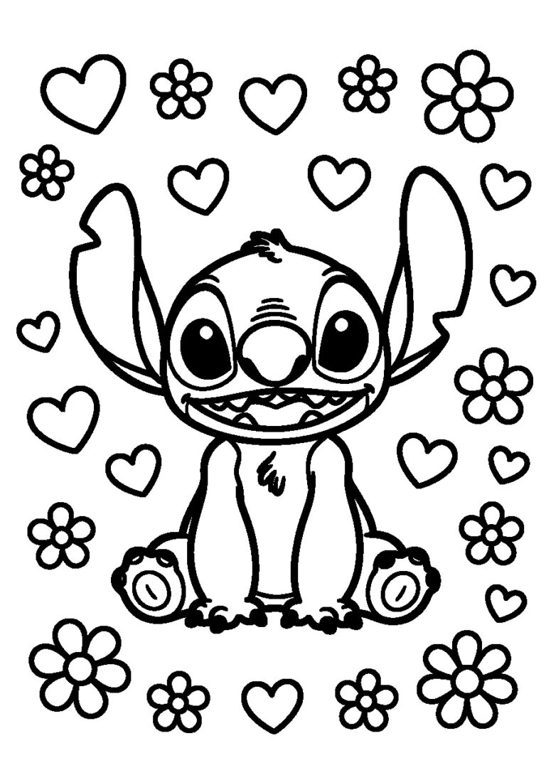 Kleurplaat van Stitch met hartjes en bloemen rondom