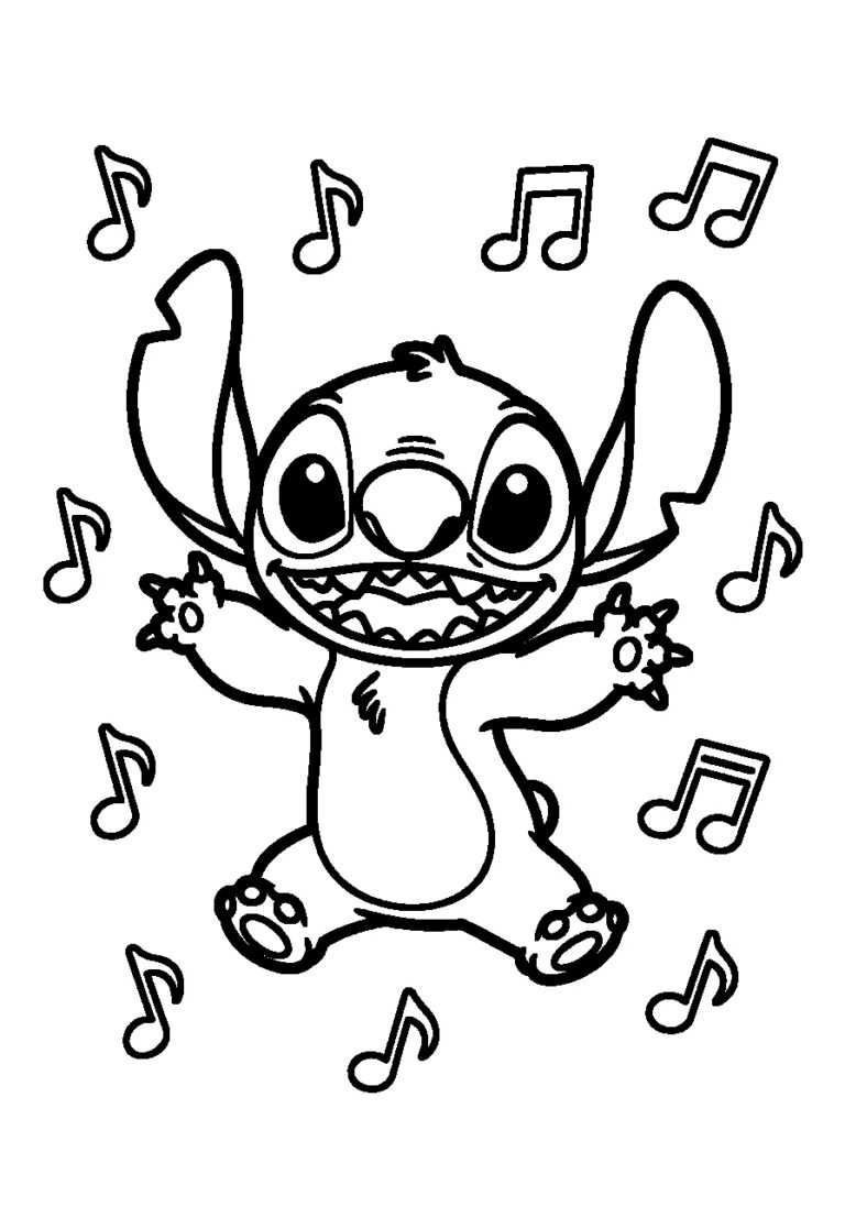 Kleurplaat van Stitch die danst bij muzieknoten zonder tekst