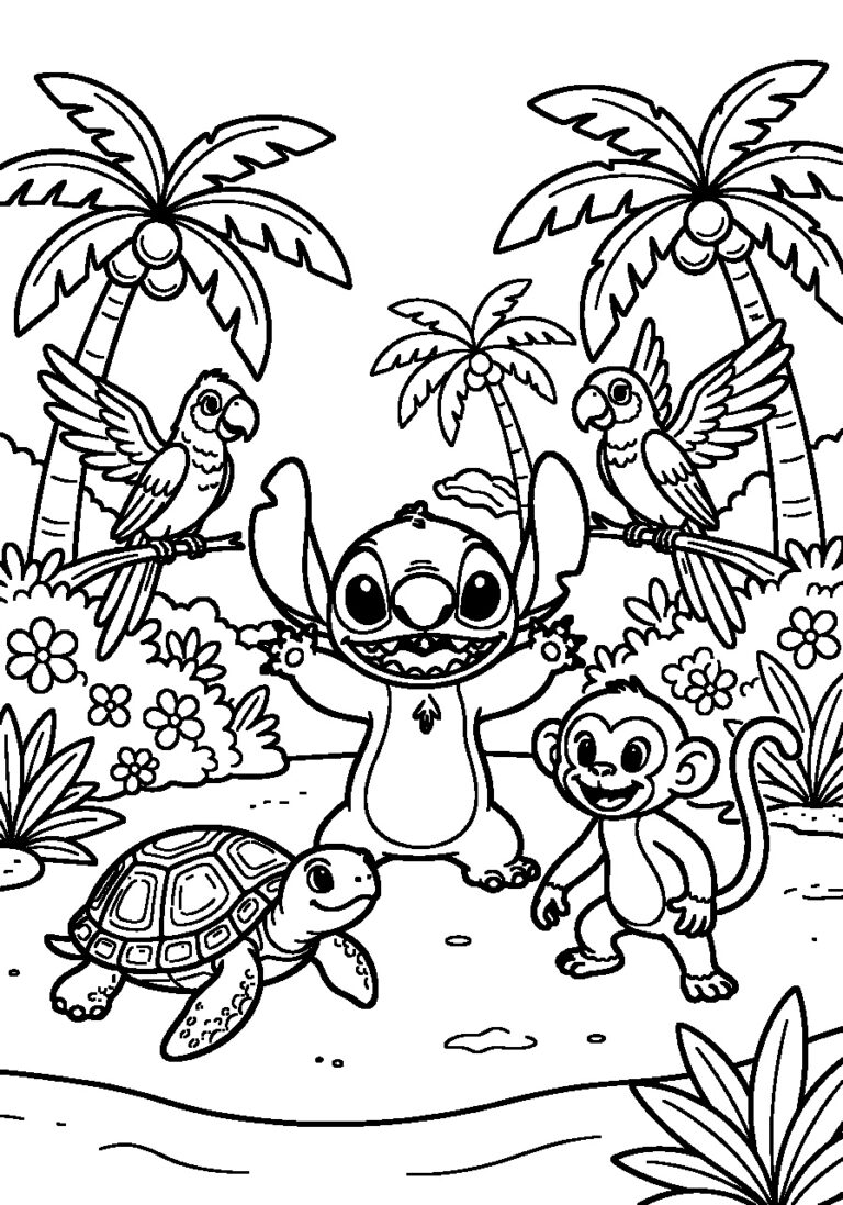 Kleurplaat van Stitch met vriendenachtige dieren op een tropisch eiland