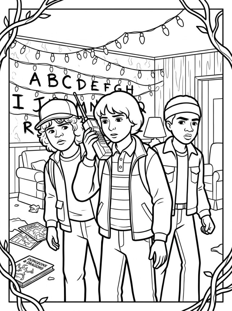 Kleurplaat van Dustin met pet, Mike en Lucas staand in een kamer met alfabet aan de muur, slingers en D&D boeken