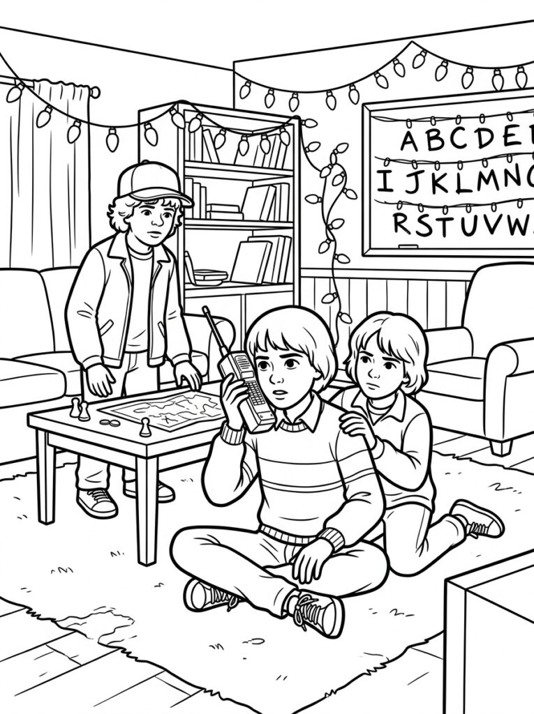 Kleurplaat van drie kinderen in een kamer met een zittende jongen met walkietalkie, staande jongen bij tafel met bordspel en alfabetposter