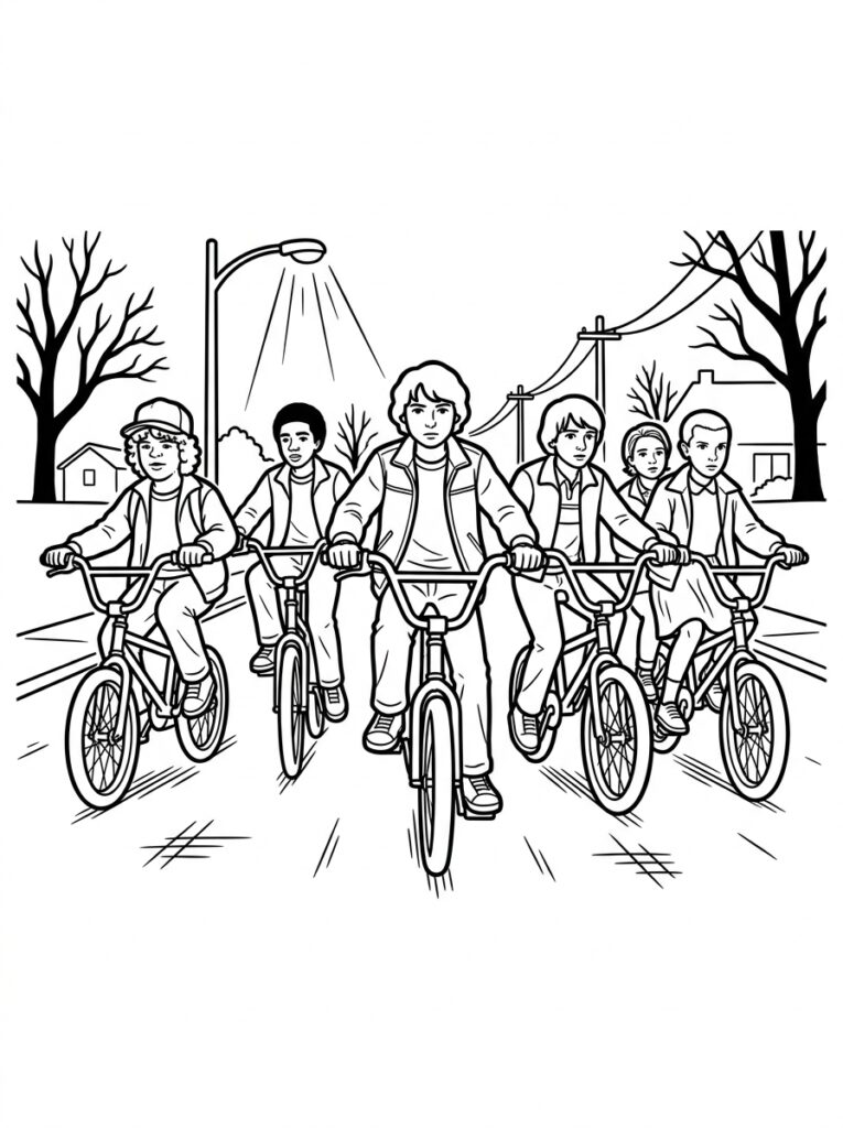 Kleurplaat van zes kinderen op fietsen op een rij in een straat met lantaarnpaal en huizen