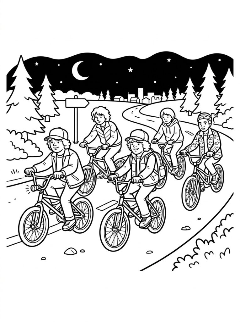 Kleurplaat van vier kinderen op fietsen op een weg onder een nachtelijke hemel met maan, sterren en bomen