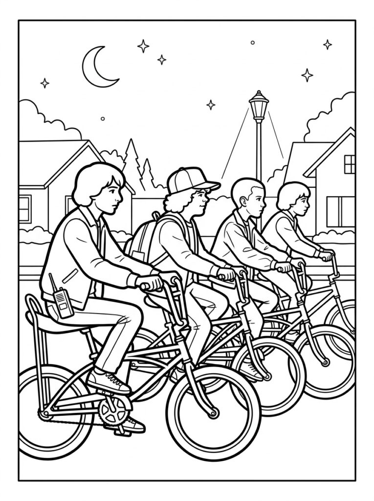 Kleurplaat van vier kinderen op fietsen in een woonwijk onder een hemel met maan, sterren en lantaarnpaal