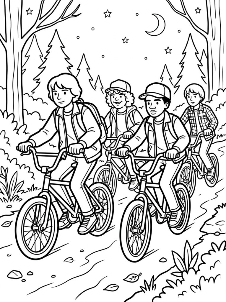 Kleurplaat van vier kinderen op fietsen rijdend over een pad in het bos onder een nachthemel met maan en sterren