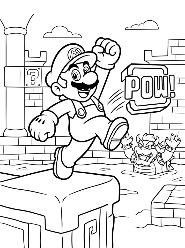 Mario springt met opgeheven vuist over Bowser