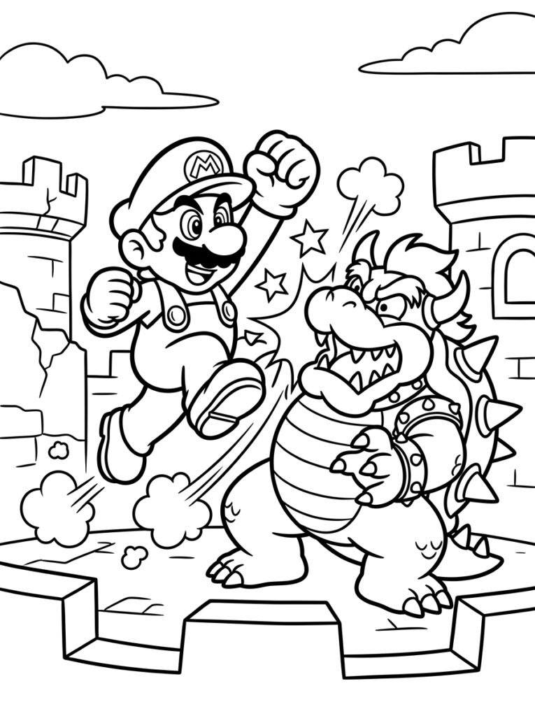 Mario geeft Bowser een trap bij kasteel