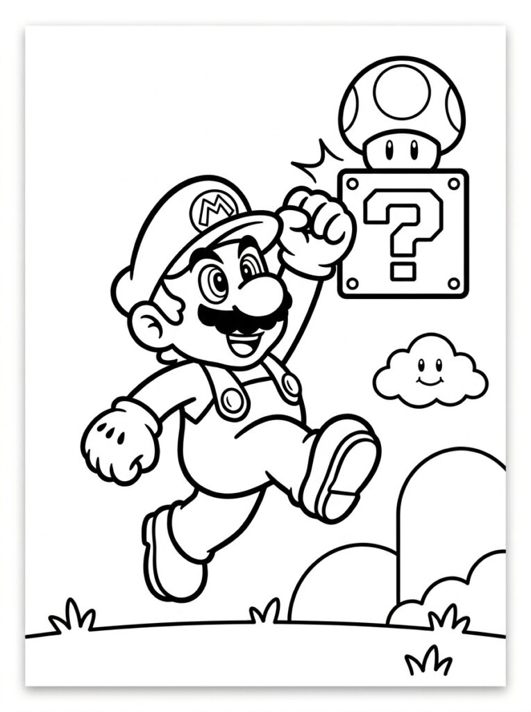 Mario rent met vuist omhoog naar vraagtekenblok