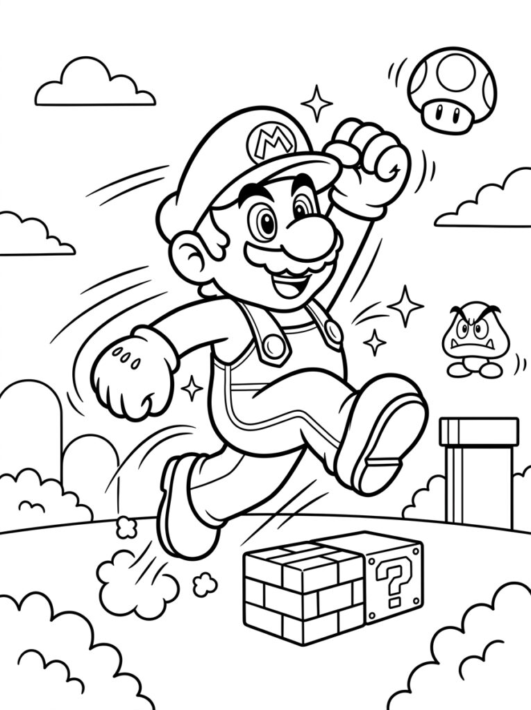Mario springt over vraagtekenblok naast Goomba